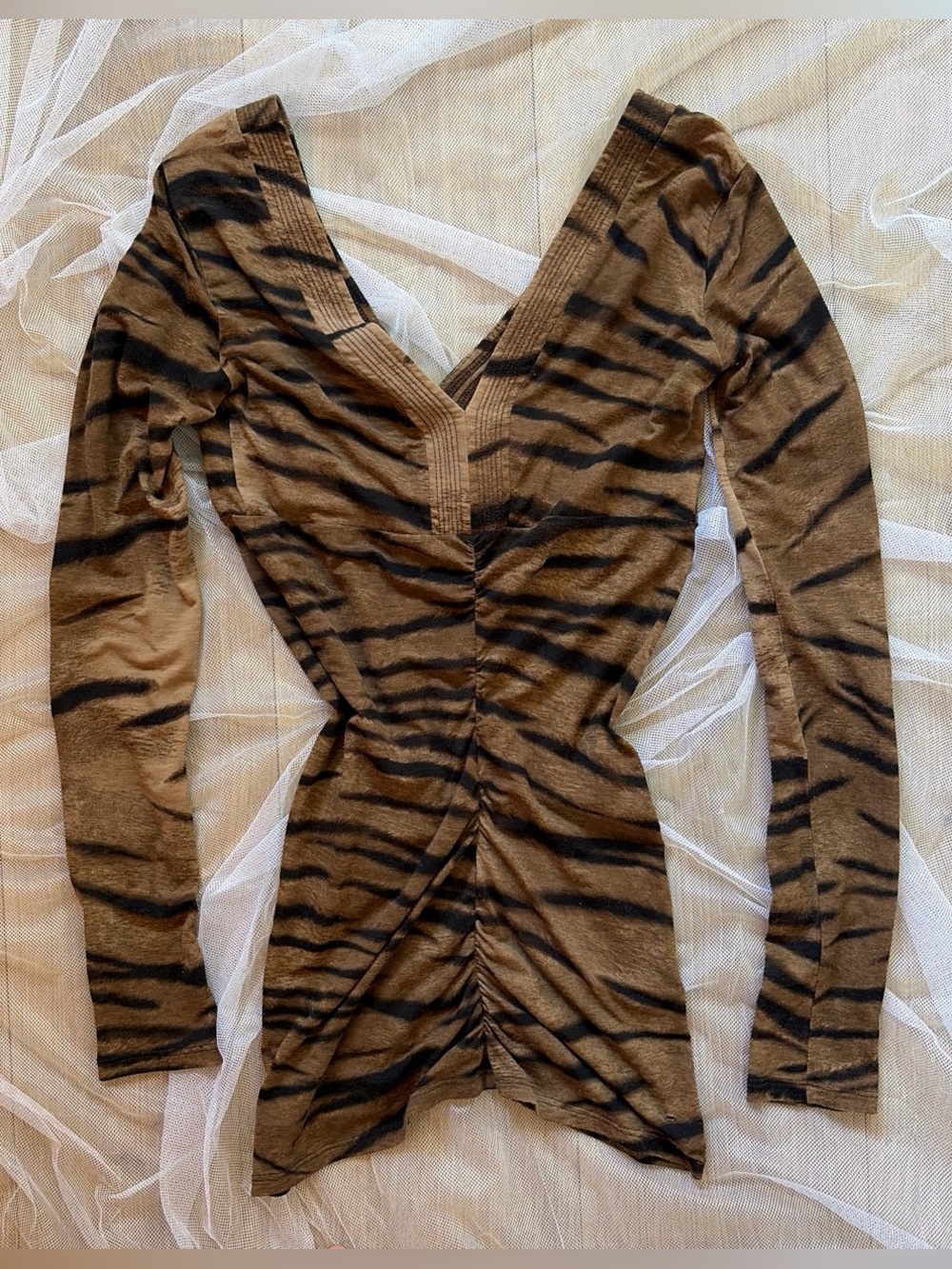 Brown and Black Tiger-Print V-Neck Ruched Women's Top